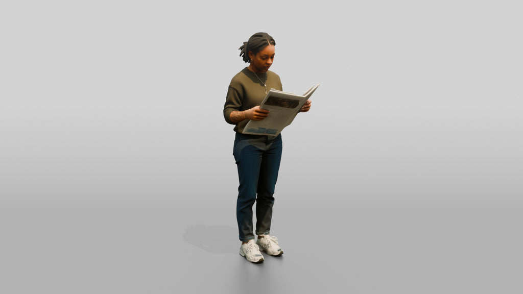 Homeless Woman Reading a Folded Newspaper