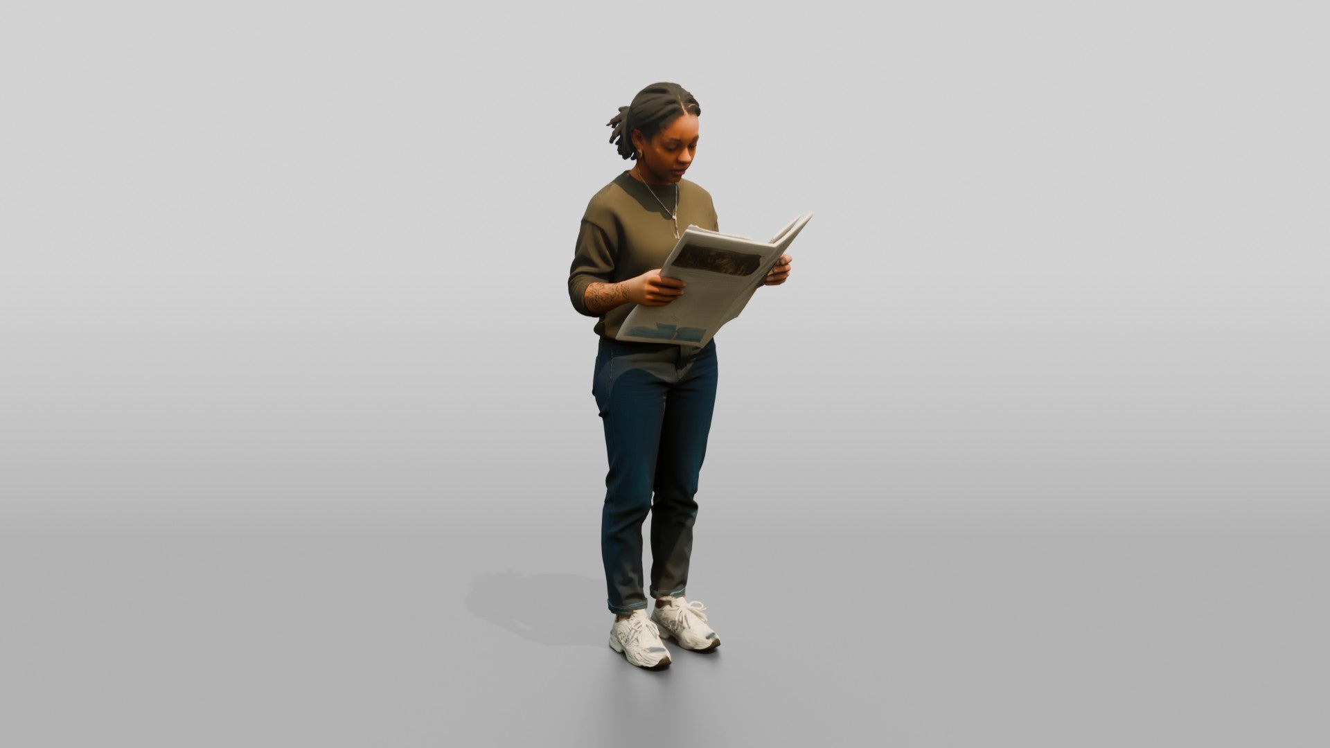 Homeless Woman Reading a Folded Newspaper