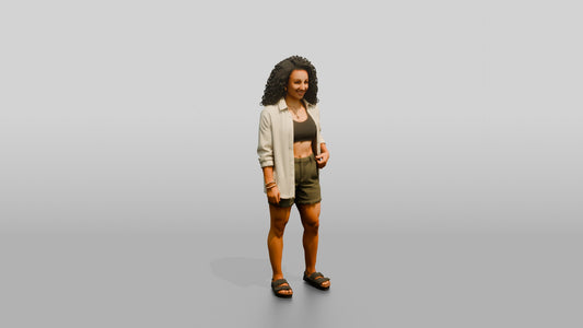 Multiracial Woman Posing on the Boardwalk in Beach Shirt - 3D character model, view 1