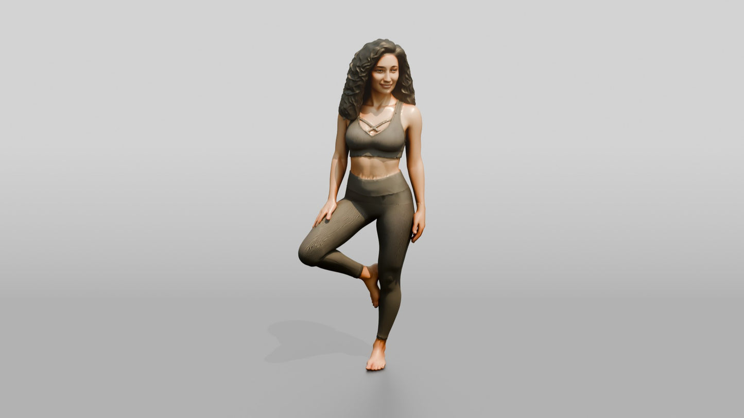 Curly-Haired Woman in Olive Activewear in Tree Pose