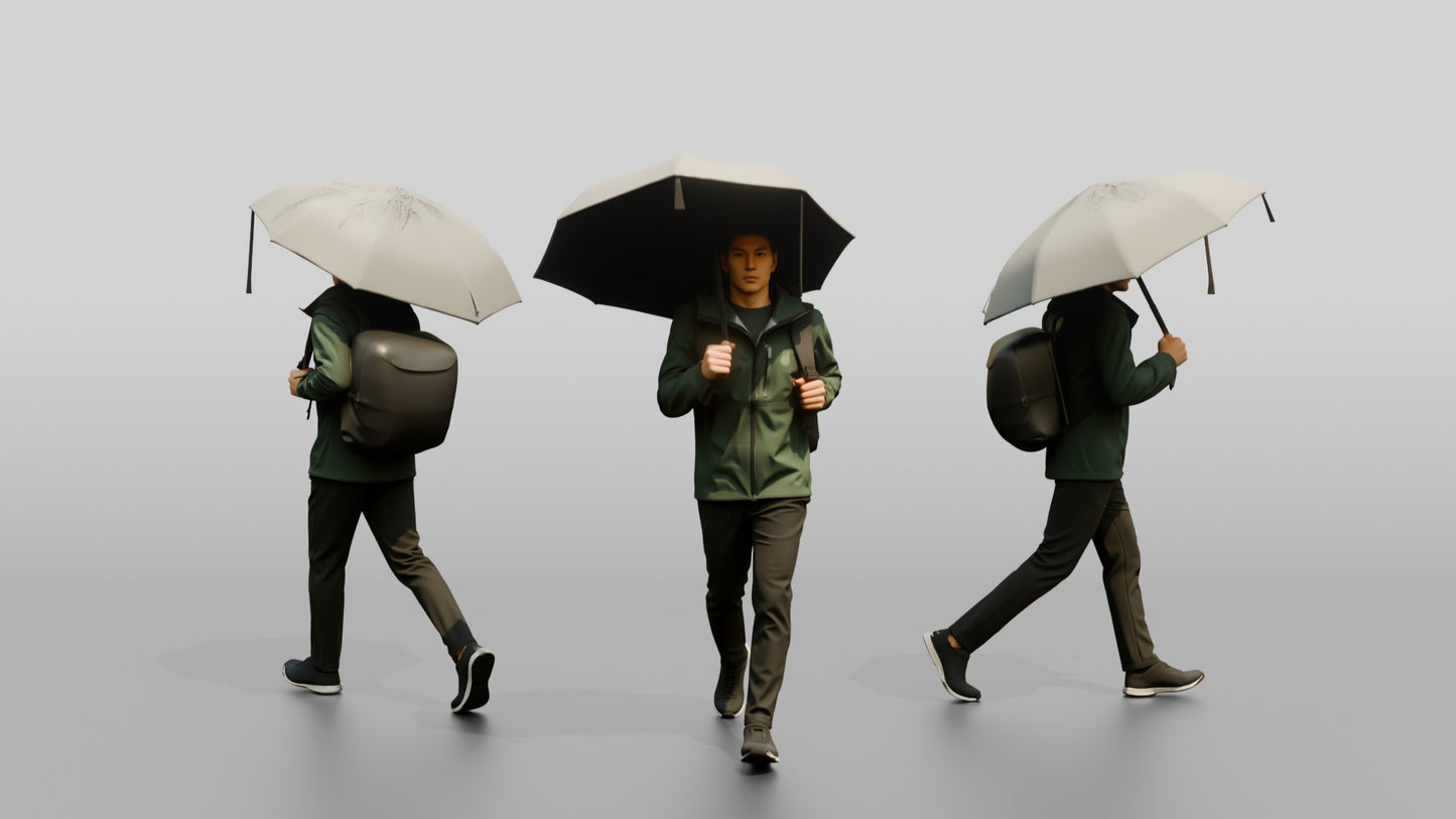 East Asian Man in Green Rain Jacket with Umbrella