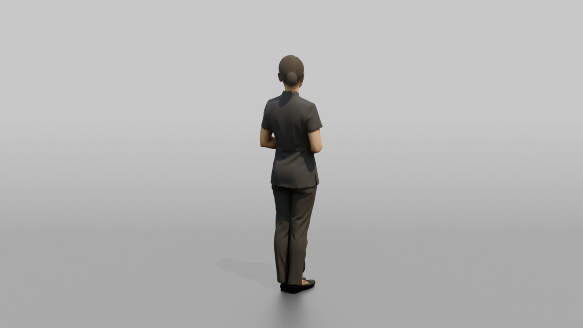 Spa Receptionist Woman Standing With Hands Folded, Welcoming Posture - 3D character model, view 3
