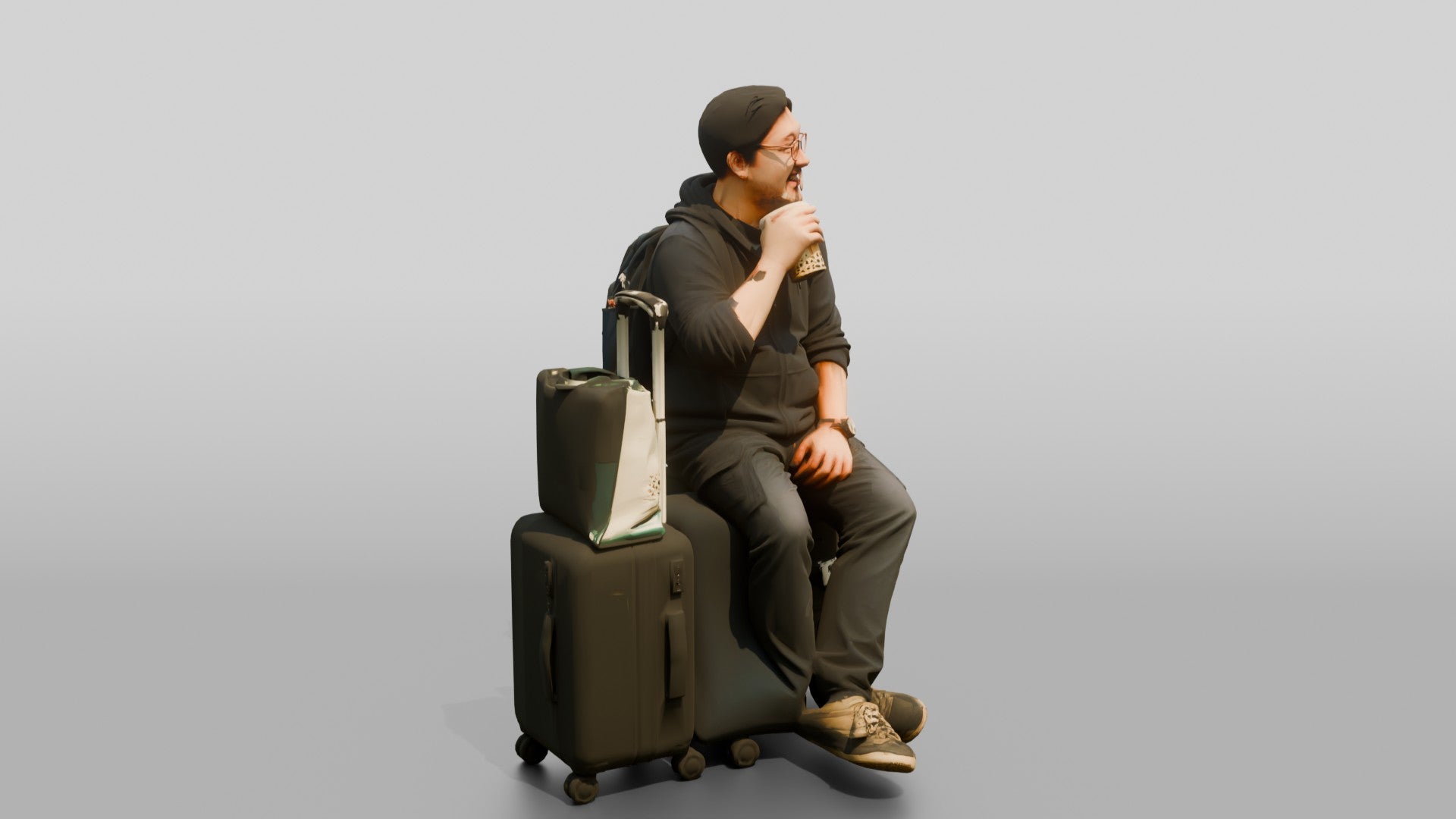 Plus-Size Asian Man Seated on Suitcase Drinking Bubble Tea