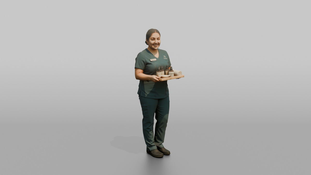 Esthetician Man Holding A Small Tray Of Skincare Products - 3D character model