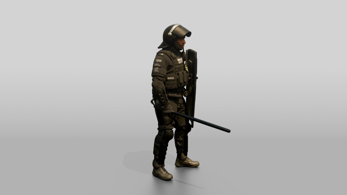 Riot Police Officer Standing with Marked Shield