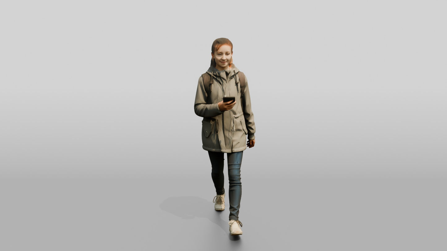 White Teen Girl Listening to Music in Grey Raincoat