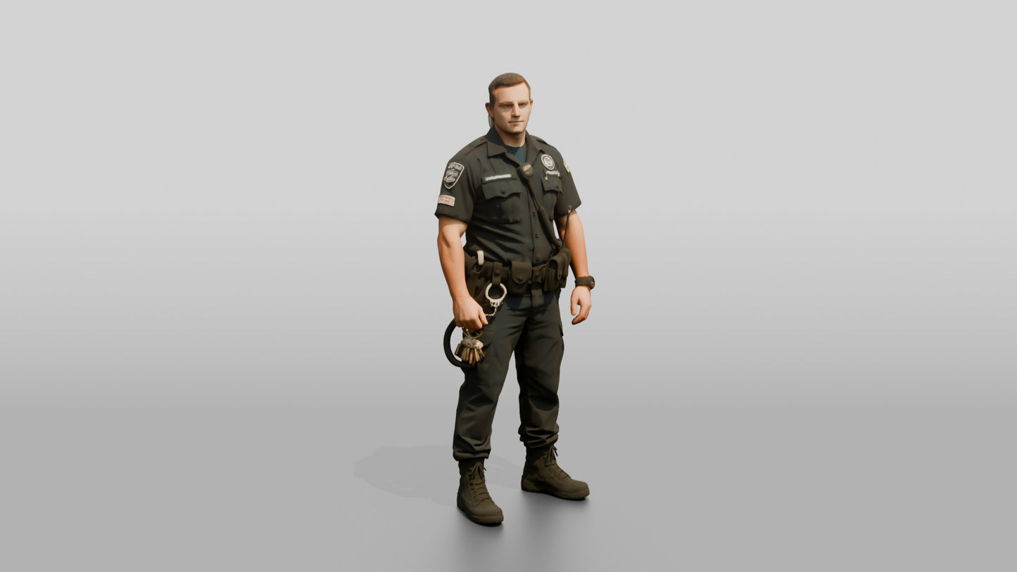 White Male Guard in a Navy Blue Tactical Guard Uniform