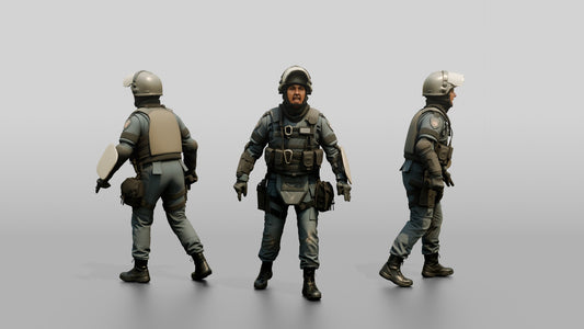 Riot Police Officer Walking with Gear