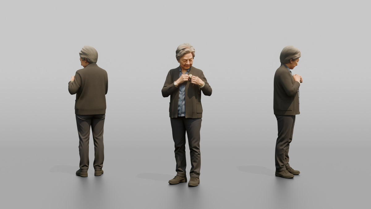 Grandmother Adjusting A Brooch On Her Cardigan - 3D character model, view 1