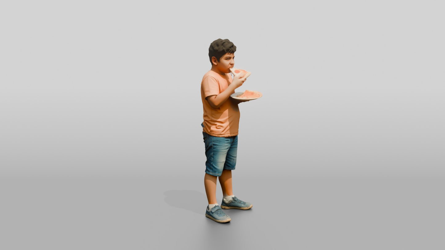Stocky Portuguese Boy Eating a Slice of Pizza