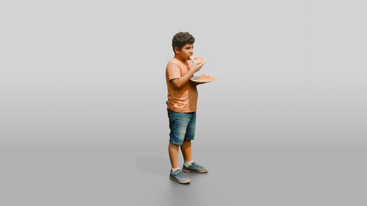 Stocky Portuguese Boy Eating a Slice of Pizza - 3D character model, view 1