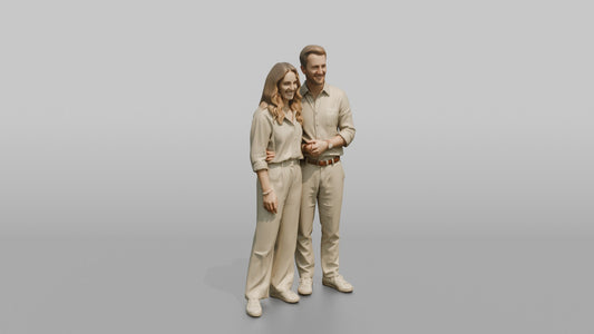 Young Couple Standing Together in Linen Summer Outfits - 3D character model, view 1