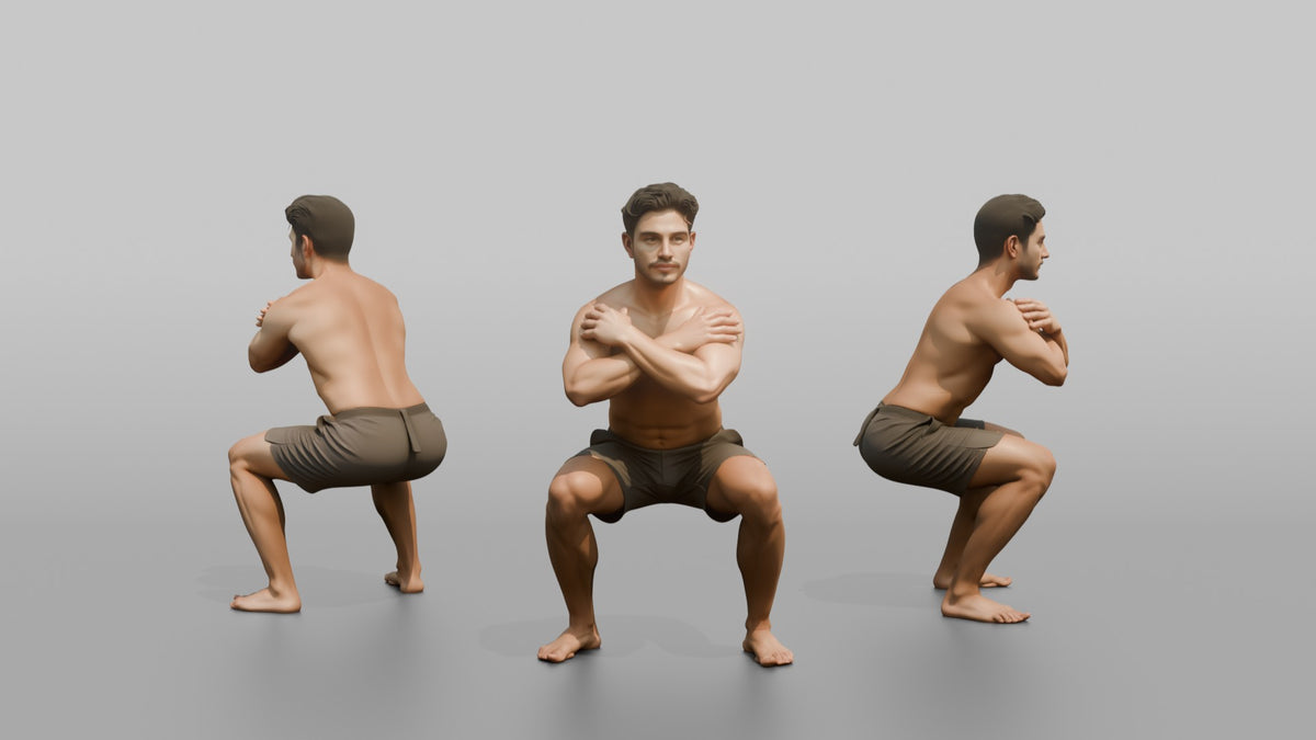 Bodyweight Athlete Man Holding A Deep Squat Position, Arms Crossed - 3D character model, view 1