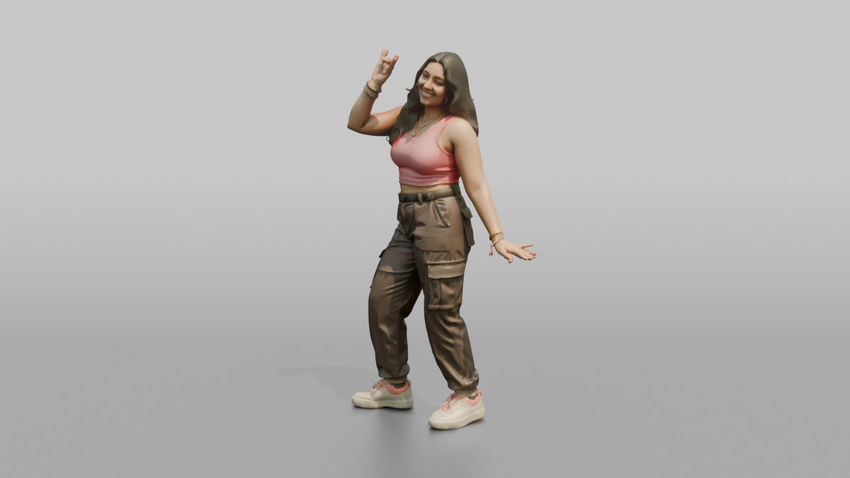 Patron Woman Striking A Playful Pose In A Neon Crop Top And Cargo Pants - 3D character model, view 4