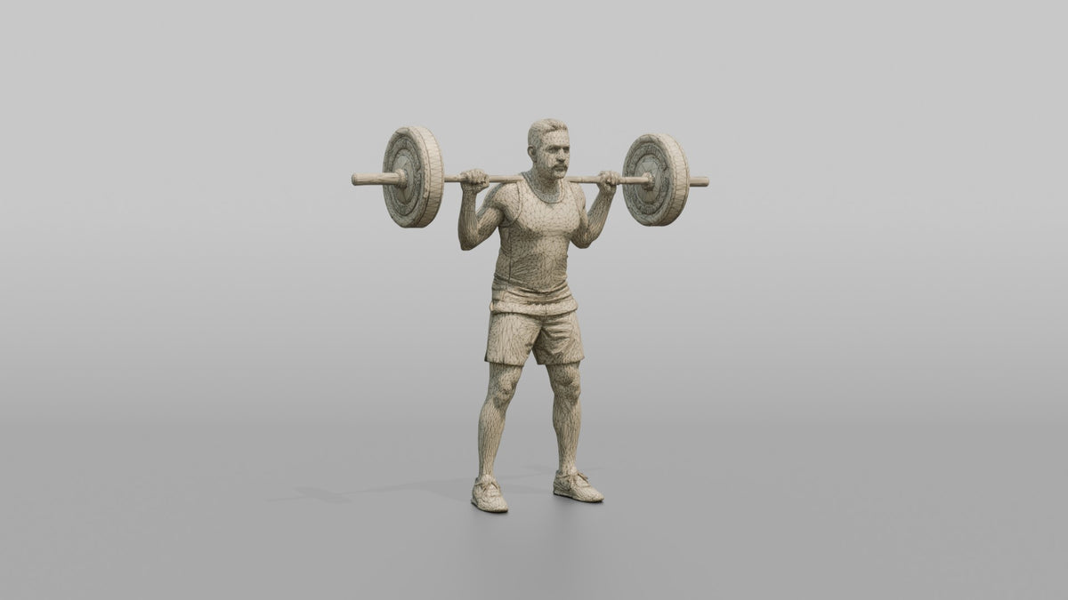 Weightlifter Man Resting A Barbell On The Upper Back Before A Squat - wireframe topology preview