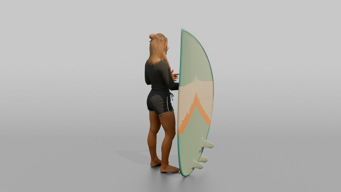 Surfer Gesturing Toward Her Surfboard