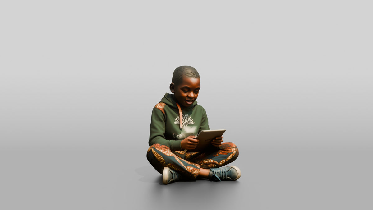 African Boy Sitting Cross-Legged with a Tablet - 3D character model, view 1