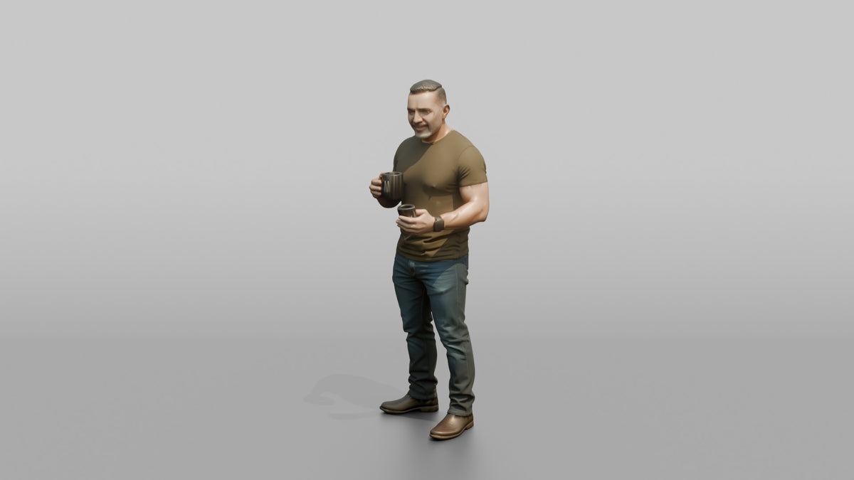 Father Holding A Coffee Mug In One Hand And A Phone In The Other - 3D character model, view 4