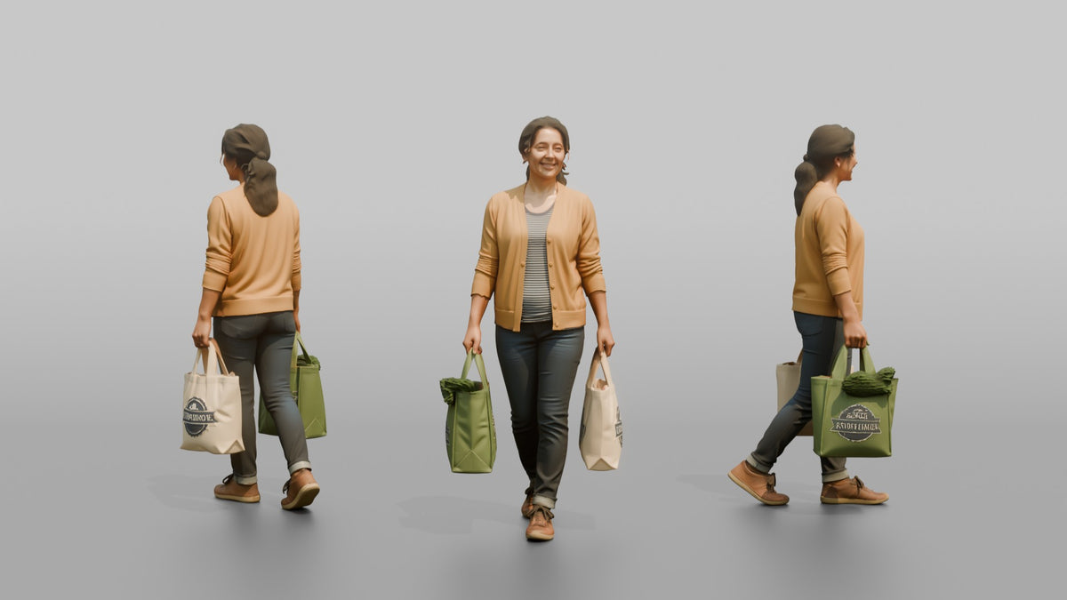 Mother Carrying Two Reusable Grocery Bags - 3D character model, view 1