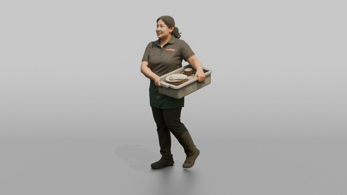Server Woman Carrying A Bus Tub Of Dishes - 3D character model, view 4