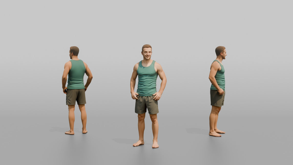 Physique Model Man Standing In A Relaxed Athletic Stance, Thumbs In Waistband - 3D character model, view 1
