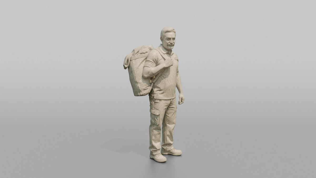 Housekeeping Staff Man Carrying A Laundry Bag Over One Shoulder - wireframe topology preview