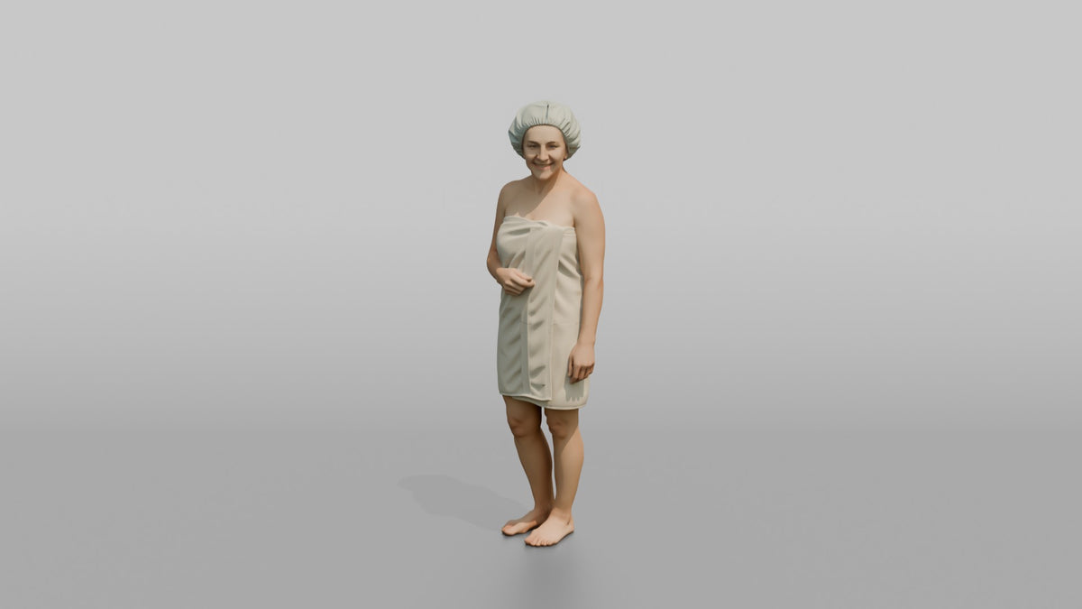 Spa Client Woman Standing Wrapped In A Towel, Hair In A Shower Cap - 3D character model, view 5
