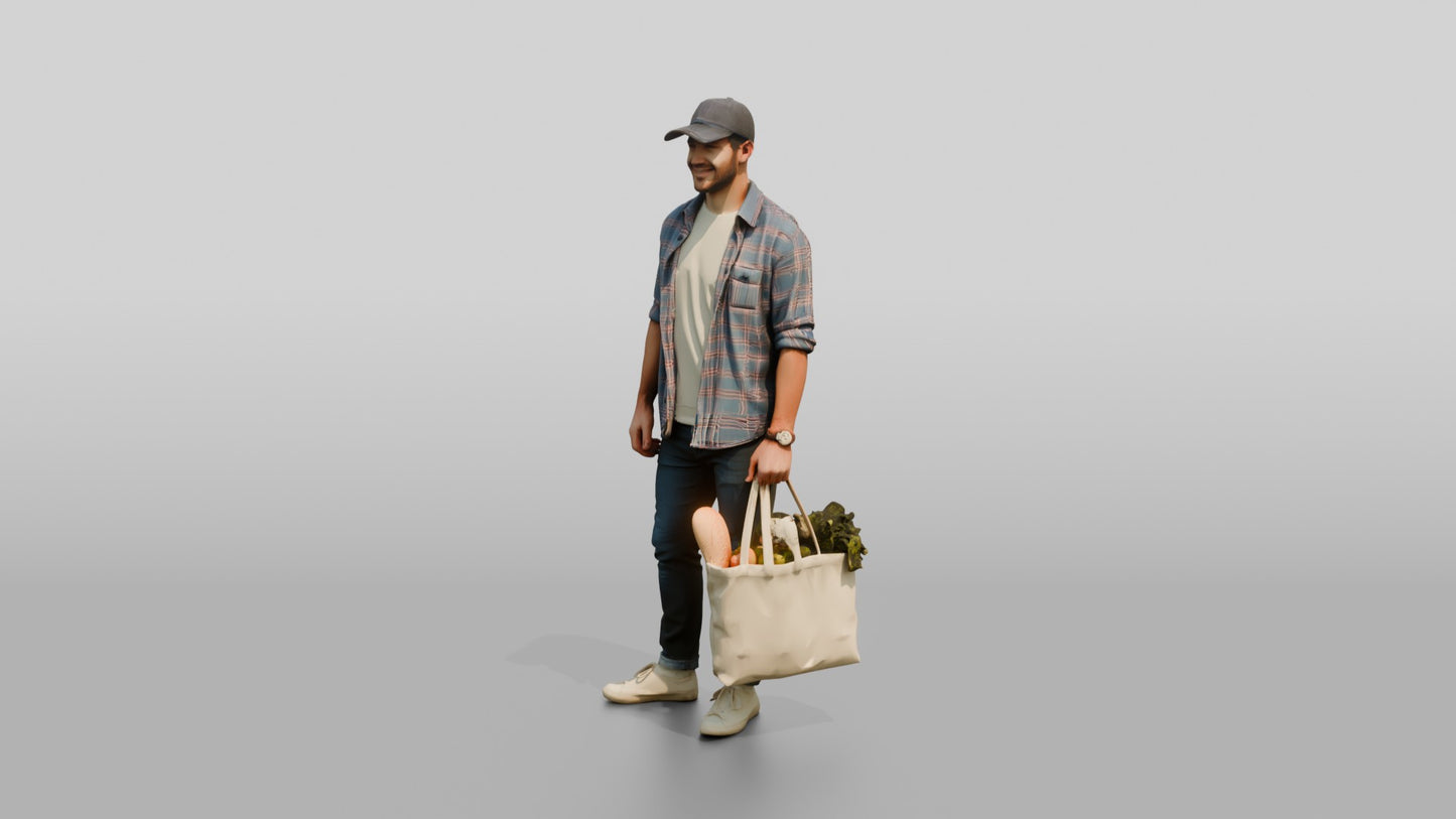 Caucasian Man in Flannel Shirt with Grocery Bag
