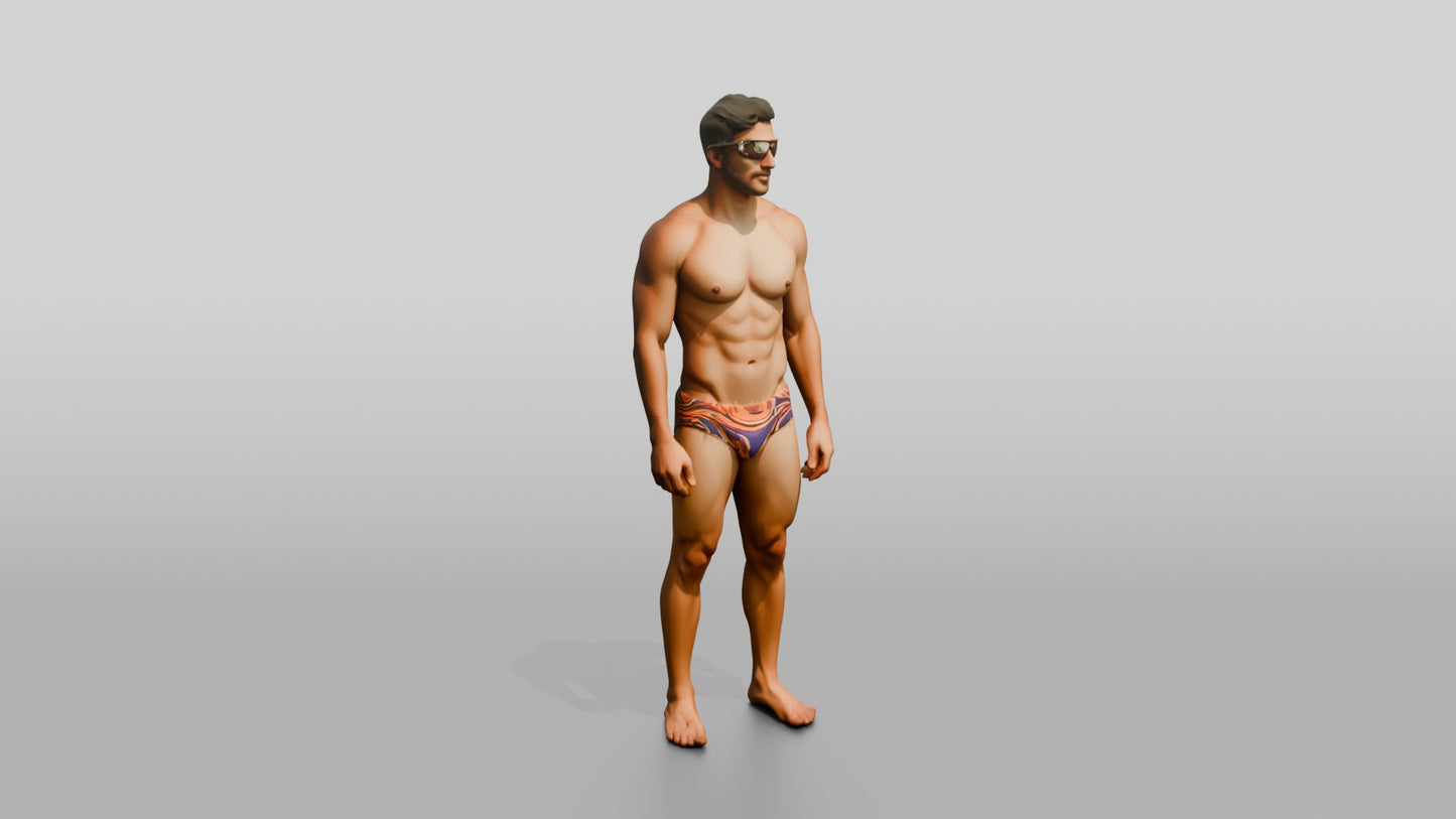 Latino Athlete in Orange Swim Brief Beach Pose