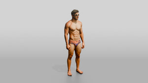 Latino Athlete in Orange Swim Brief Beach Pose - 3D character model, view 1