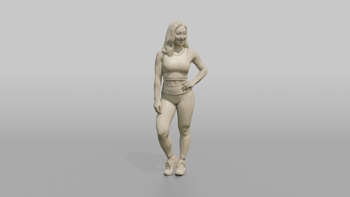 Fitness Influencer Woman Standing At An Angle, One Hand On Hip - wireframe topology preview