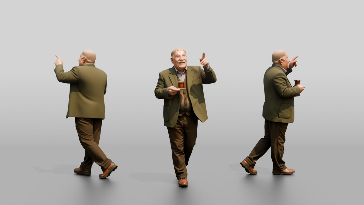 Elderly Man Pointing at Architecture with Tea