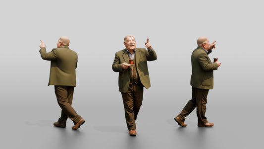 Elderly Man Pointing at Architecture with Tea