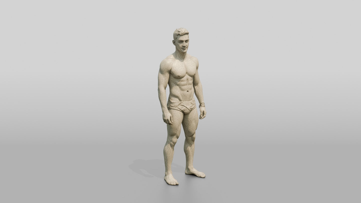 Latino Man in Multi-Colored Swim Brief Beach Pose