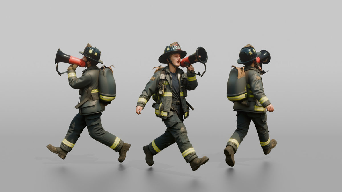 Firefighter Woman Running While Holding a Portable Megaphone - 3D character model