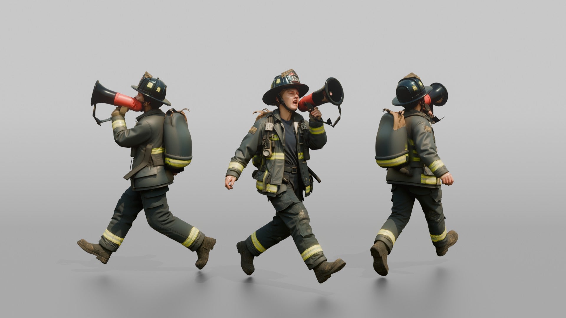 Firefighter Woman Running While Holding a Portable Megaphone