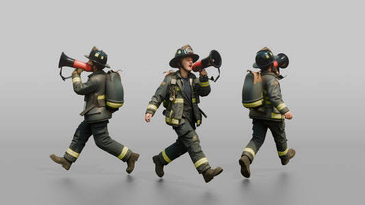 Firefighter Woman Running While Holding a Portable Megaphone