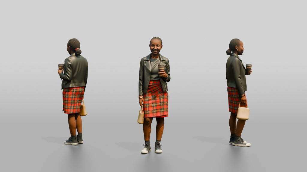 Young African Woman in Leather Jacket and Plaid Skirt