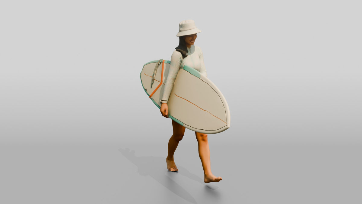 Woman Balancing Surfboard Adjusting Wax Grip - 3D character model, view 2