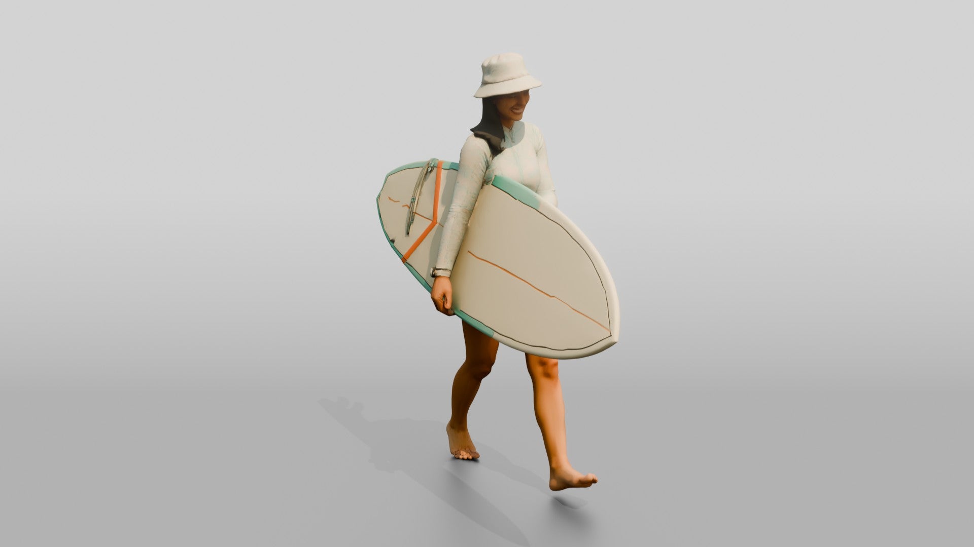 Woman Balancing Surfboard Adjusting Wax Grip