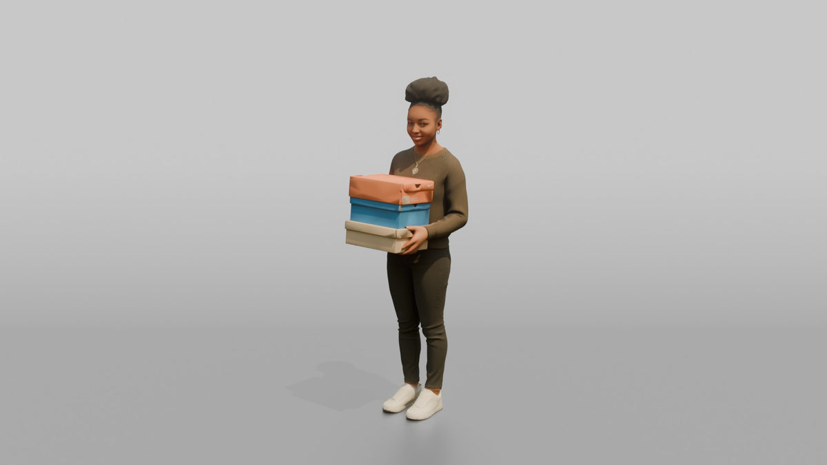 Woman Customer Holding A Stack Of Three Shoeboxes - 3D character model, view 5