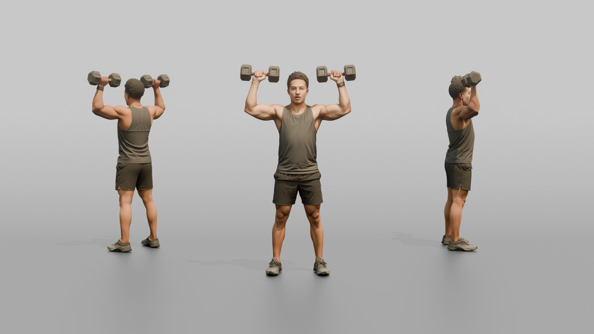 Weightlifter Man Doing A Dumbbell Shoulder Press - 3D character model, view 1