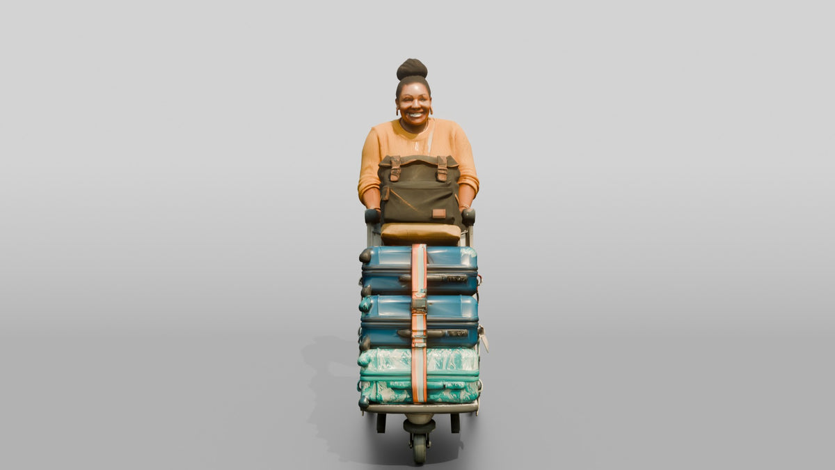 Plus-Size Woman Pushing Luggage Cart with Colorful Suitcases - 3D character model, view 5