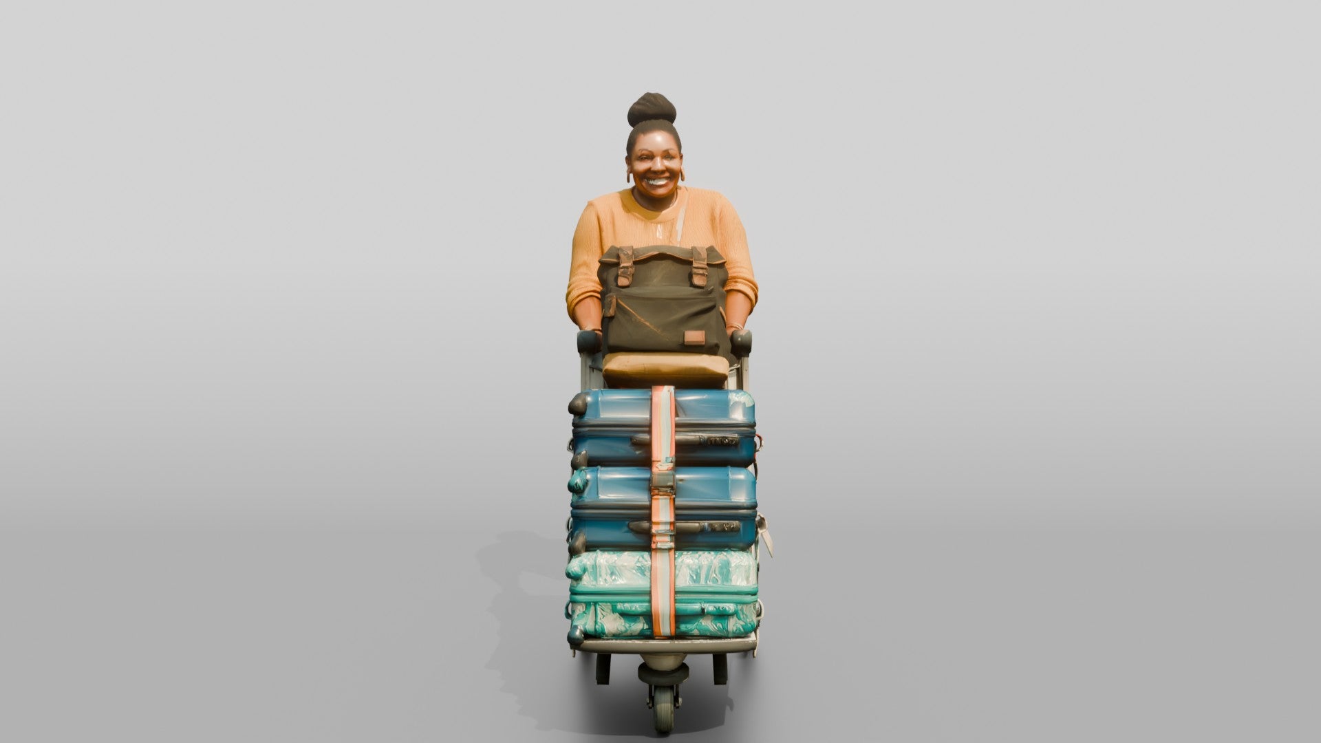 Plus-Size Woman Pushing Luggage Cart with Colorful Suitcases