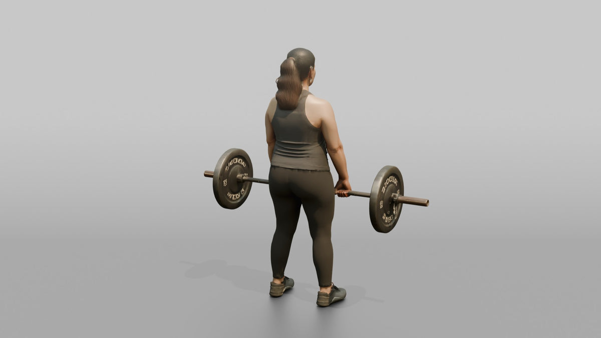 Weightlifter Woman Holding A Loaded Barbell At The Hips Ready To Lift - 3D character model, view 3
