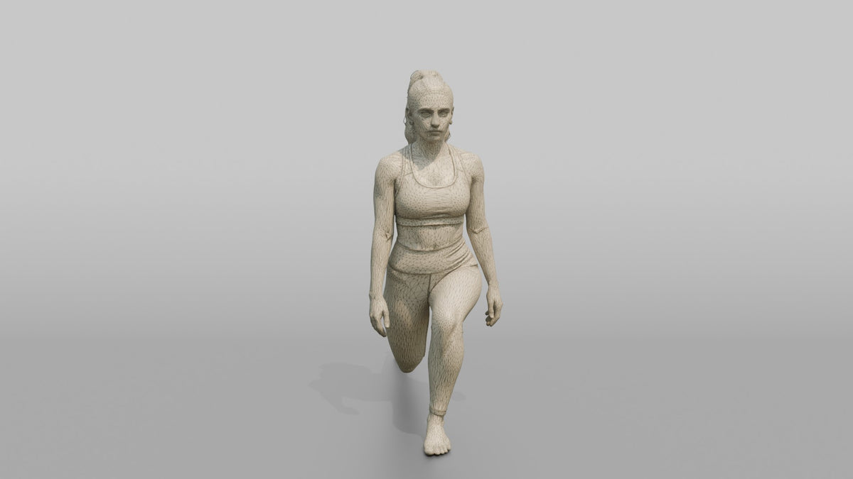 Fitness Influencer Woman Doing A Bodyweight Lunge With Arms At Sides - wireframe topology preview