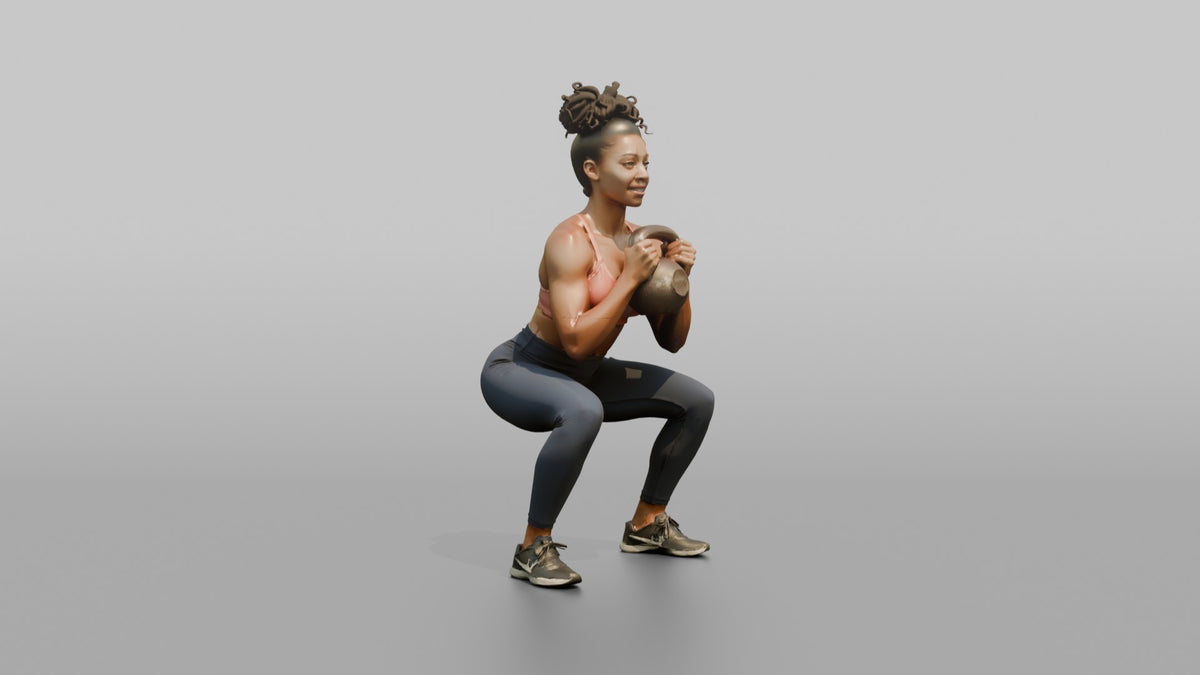 Weightlifter Woman Holding A Kettlebell In A Goblet Squat Position - 3D character model, view 4