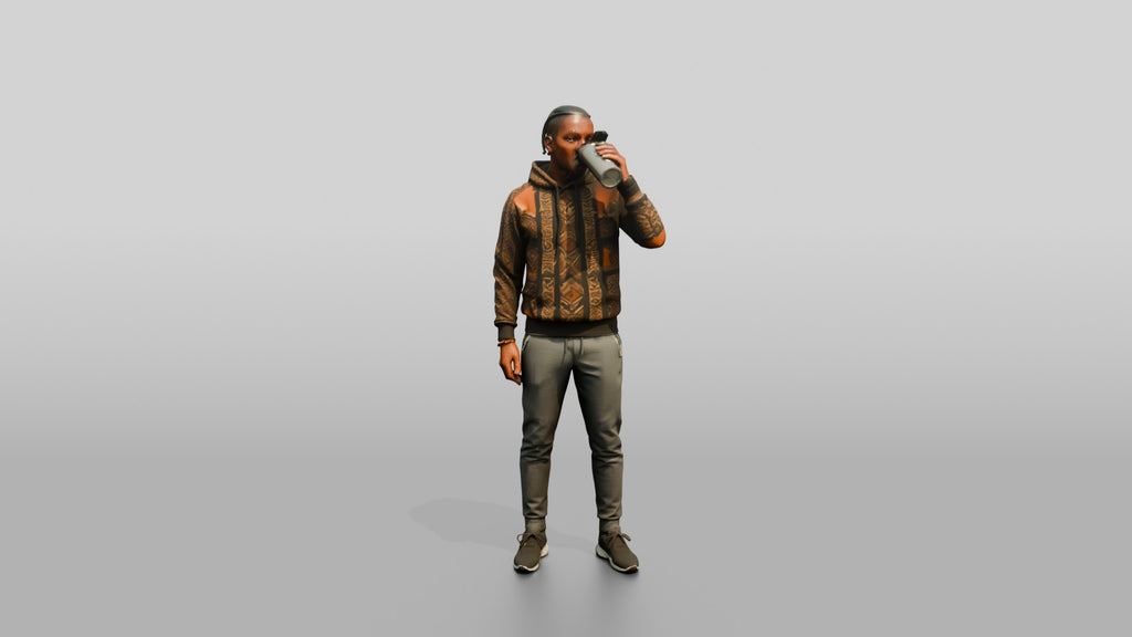 Athletic African Man Drinking Coffee in a Geometric Print Hoodie