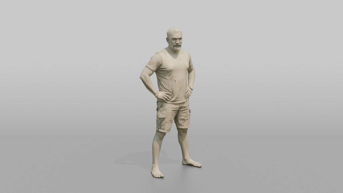 Physique Model Man Standing In A Confident Wide Stance, Hands On Hips - wireframe topology preview