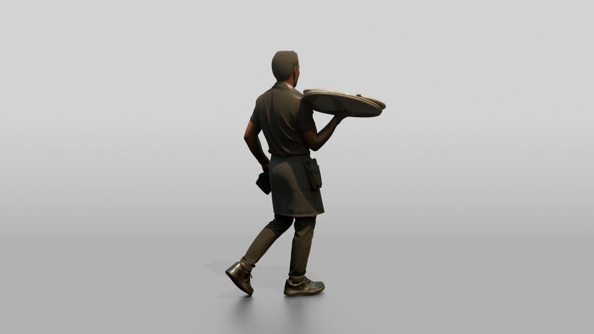 Server Balancing a Tray of Plates - 3D character model, view 3
